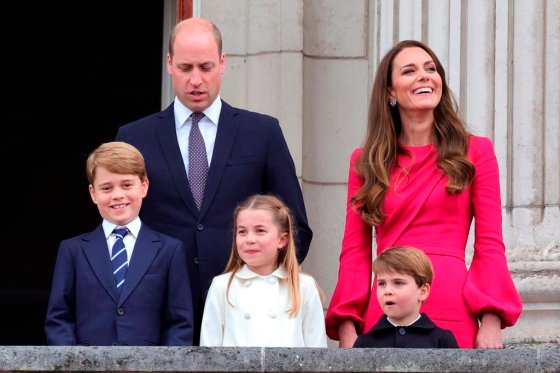 FILE - Britain's Prince William, Kate, Duchess of Cambridge, Prince George, Princess Charlotte and Prince Louis, appear on the balcony of Buckingham Palace, during the Platinum Jubilee Pageant outside Buckingham Palace in London, June 5, 2022.