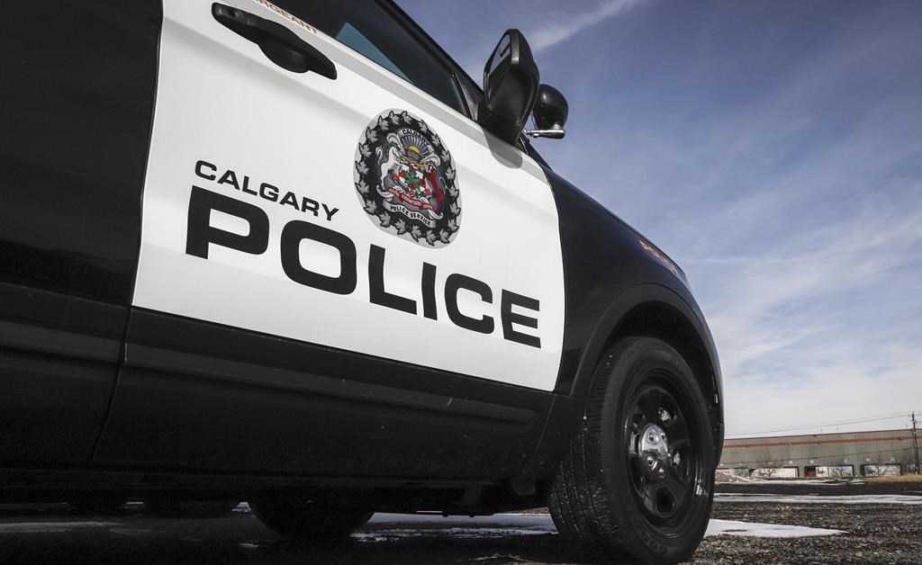 A police vehicle is shown at the Calgary Police Service headquarters in Calgary on Thursday, April 9, 2020.
