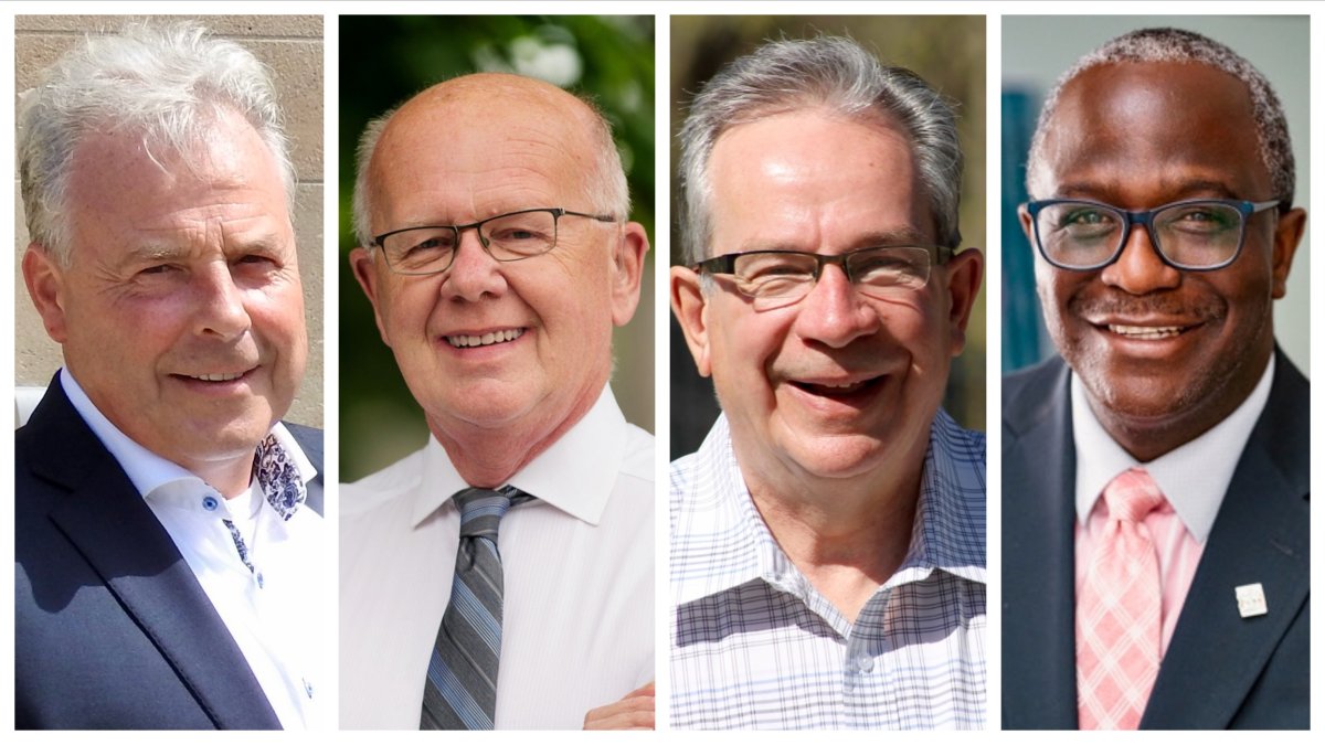 Five candidates are vying for mayor of Peterborough, Ont. including, from left, Brian Lumsden, Henry Clarke, Jeff Leal, and Stephen Wright. Missing: Victor Kruez.