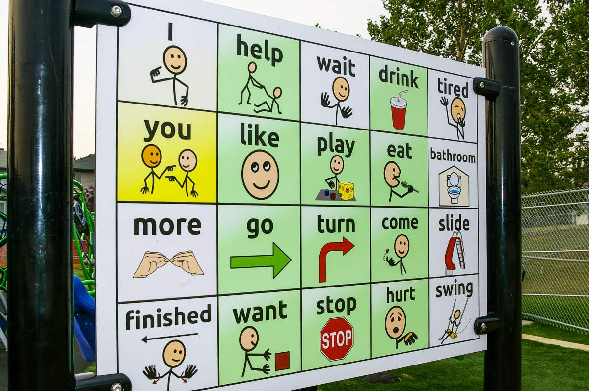 A communication board at one of the 10 new inclusive and accessible playgrounds now available for use around the city as of Aug. 3, 2022.