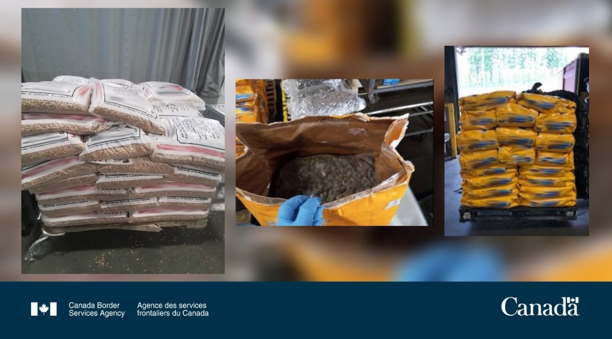 Canadian border officials have seized nearly 900 kilograms of suspected cannabis that was headed out of the country.
