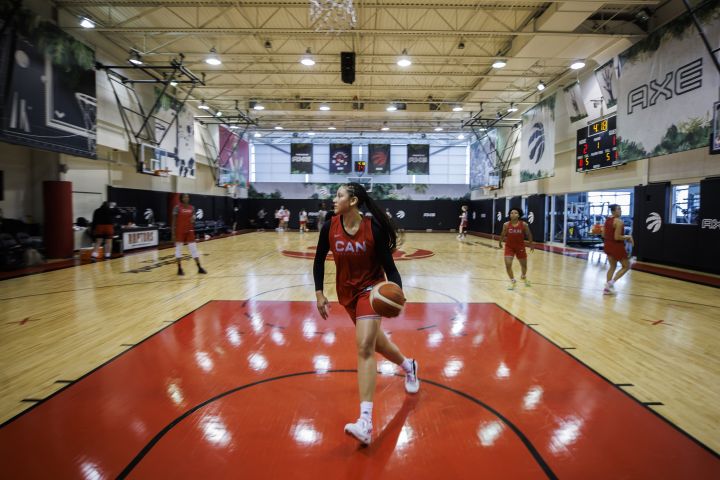 Natalie Achonwa dribbles a ball during Canada's senior women's national team practice in Toronto, Friday, July 8, 2022. 