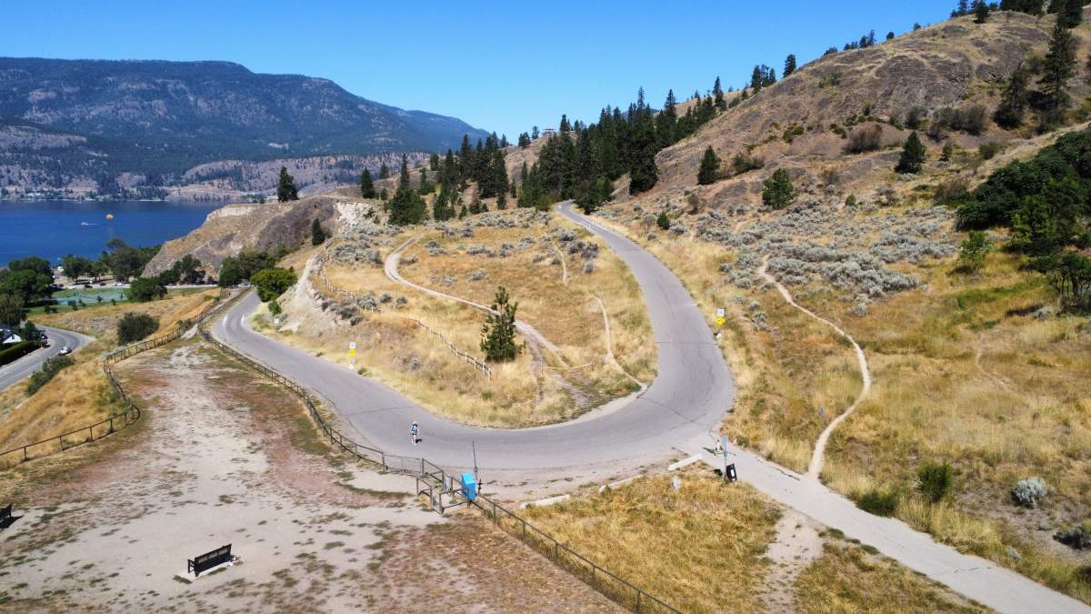An aerial view of the lower portion of Knox Mountain Drive in Kelowna.