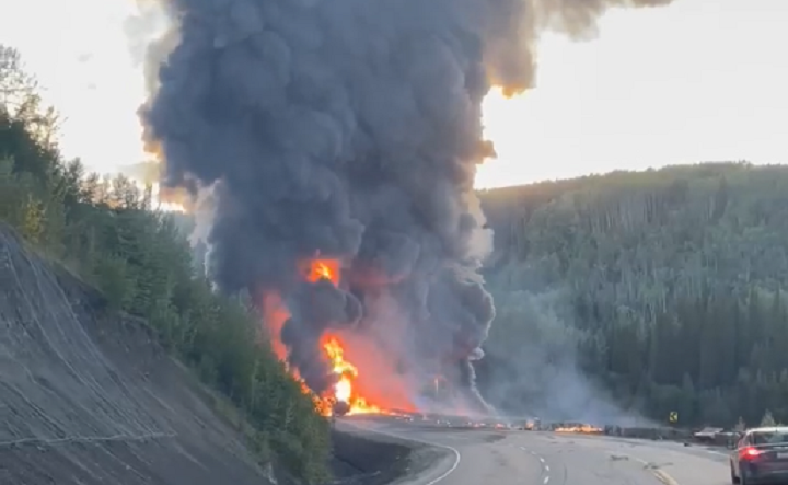 Tanker truck crash closes Alaska Highway at Sikani Bridge, driver believed dead