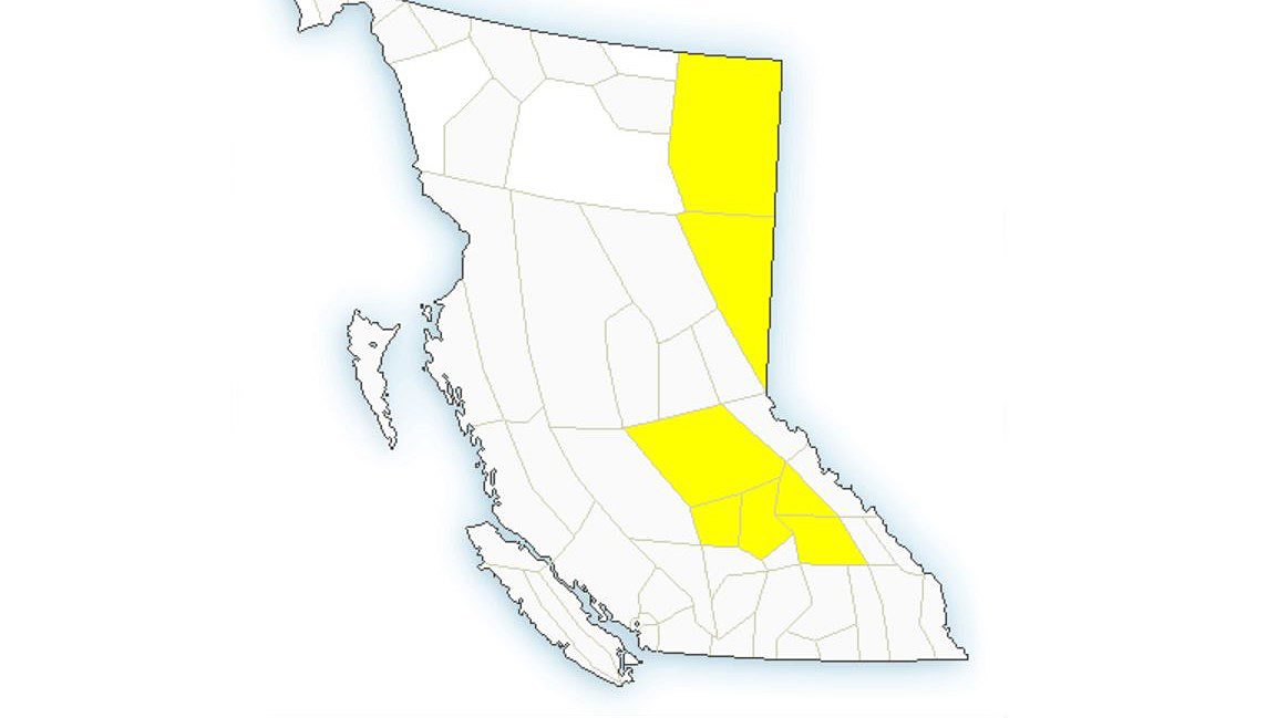 Areas under the severe thunderstorm watch range from the Cariboo to the North Thompson in the Interior, plus Fort Nelson and Peace River in the Northeast.