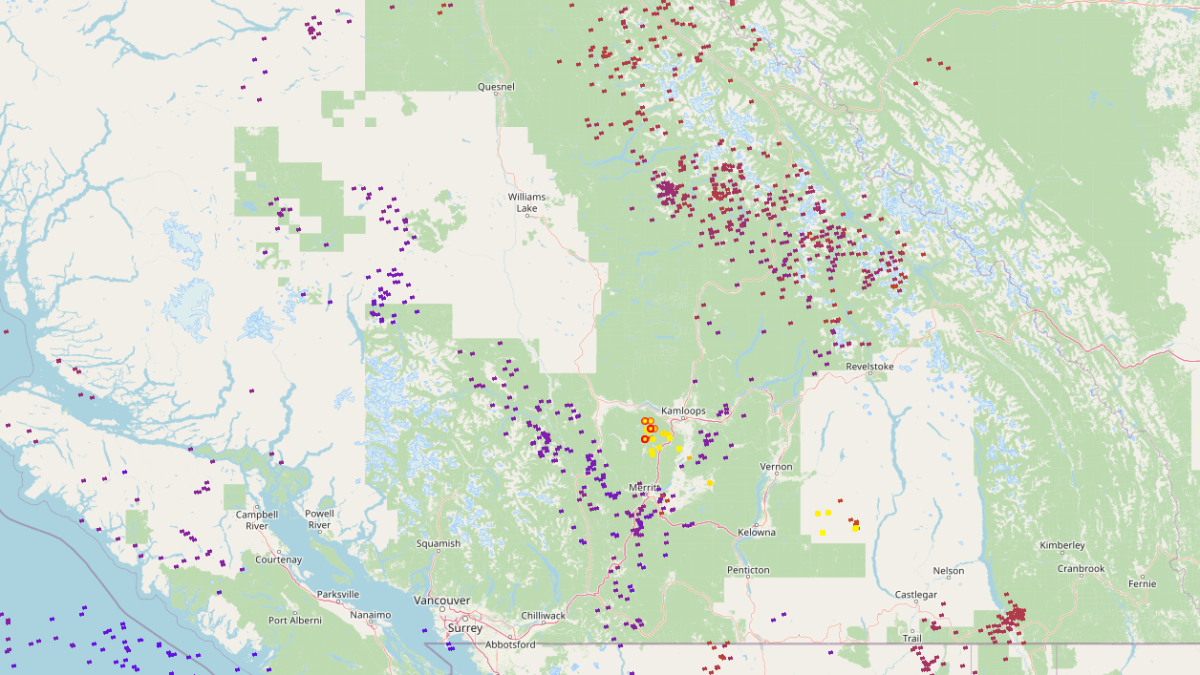 A map from Aug. 11, 2022, showing lightning strikes across British Columbia during the past 24 hours.