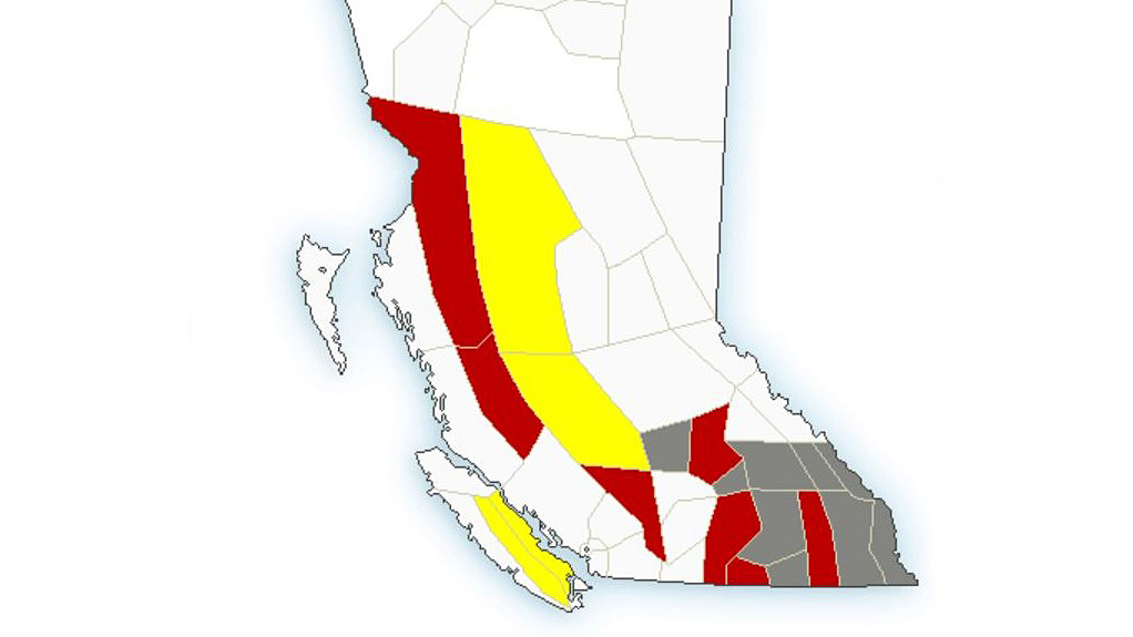 A map showing weather alerts issued for B.C.’s Interior on Friday, Aug. 19, 2022.