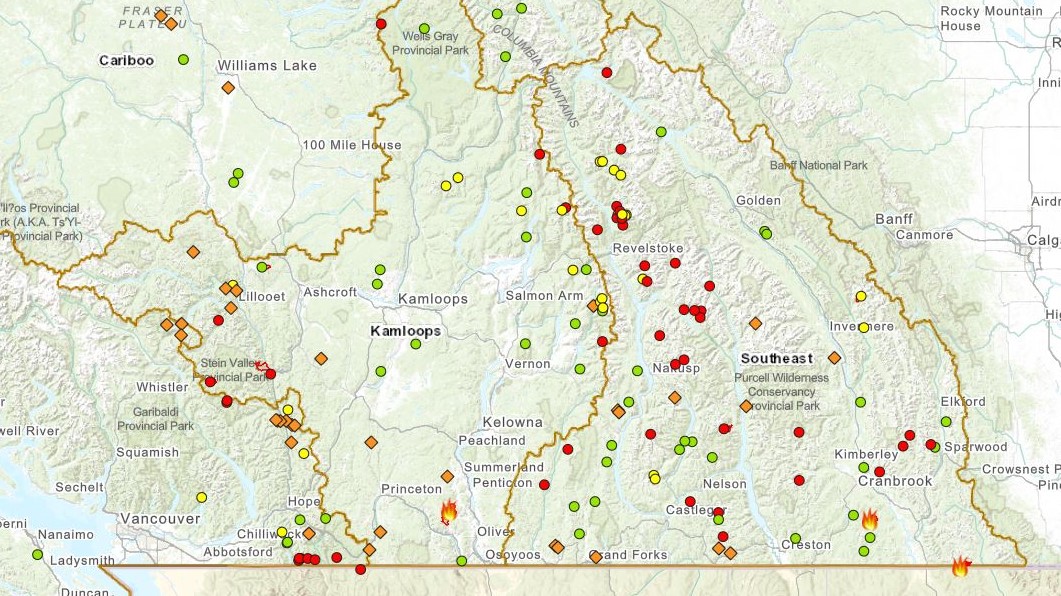 A map showing wildfires across British Columbia on Aug. 26, 2022. The Southeast Fire Zone currently has the most wildfires at 84.