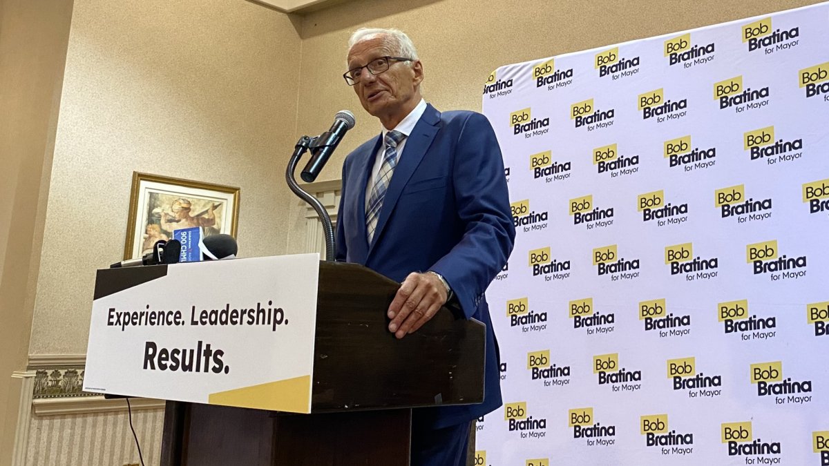 Bob Bratina stands at a podiuim with a microphone and a sign that says 'Experience. Leadership. Results.' along with a backdrop of his name.