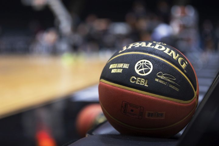 Official game ball of the Canadian Elite Basketball League sits courtside ahead of CEBL game action between the Scarborough Shooting Stars and Guelph Nighthawks in Guelph, Ont., on Thursday, May 26, 2022.