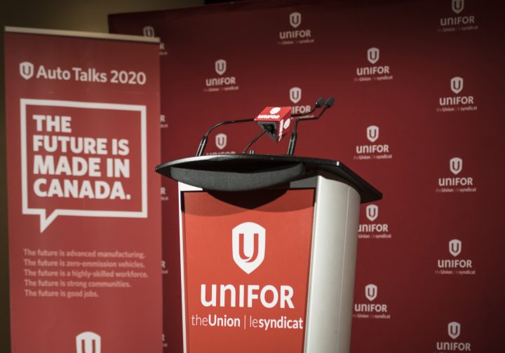 Unifor signage is on display during a press conference in Toronto on Thursday, October 15, 2020.  
