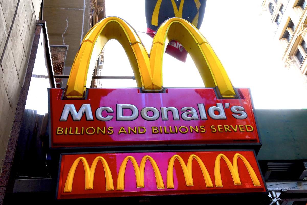 McDonald's brand logo on the street in New York City, NY, USA on January 18, 2022.