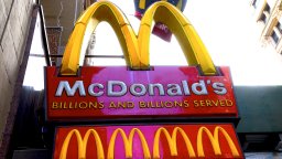 McDonald's brand logo on the street in New York City, NY, USA on January 18, 2022.
