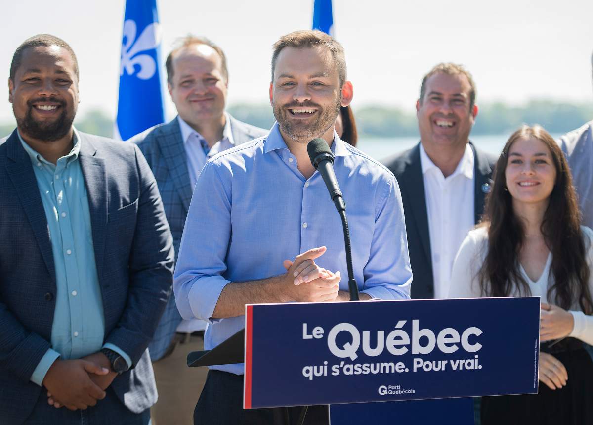 Parti Quebecois leader Paul St-Pierre Plamondon speaks during the launch of the partyâ€™s election campaign in Montreal, Sunday, August 28, 2022. Quebecers will go to the polls on October 3rd. THE CANADIAN PRESS/Graham Hughes