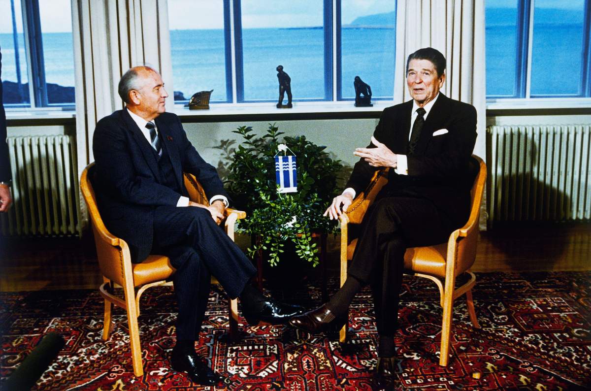 Soviet Leader Mikhail Gorbachev, left, and U.S. President Ronald Reagan talk during their meeting in Reykjavik, Iceland, Saturday, Oct. 11, 1986.