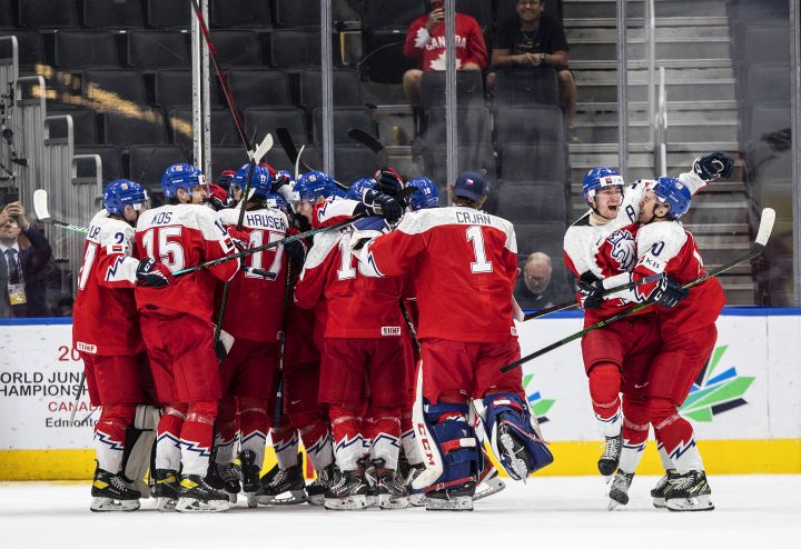 Czechia celebrate the win over USA during IIHF World Junior Hockey Championship quarterfinal action in Edmonton on Wednesday August 17, 2022.