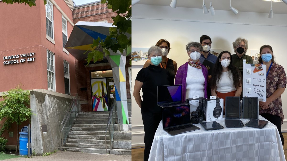 On the left: the entrance to the Dundas Valley School of Art. On the right: officials from the Dundas Valley School of Art pose with some of the new equipment that they've been able to purchase with funding from the Ontario Trillium Foundation.