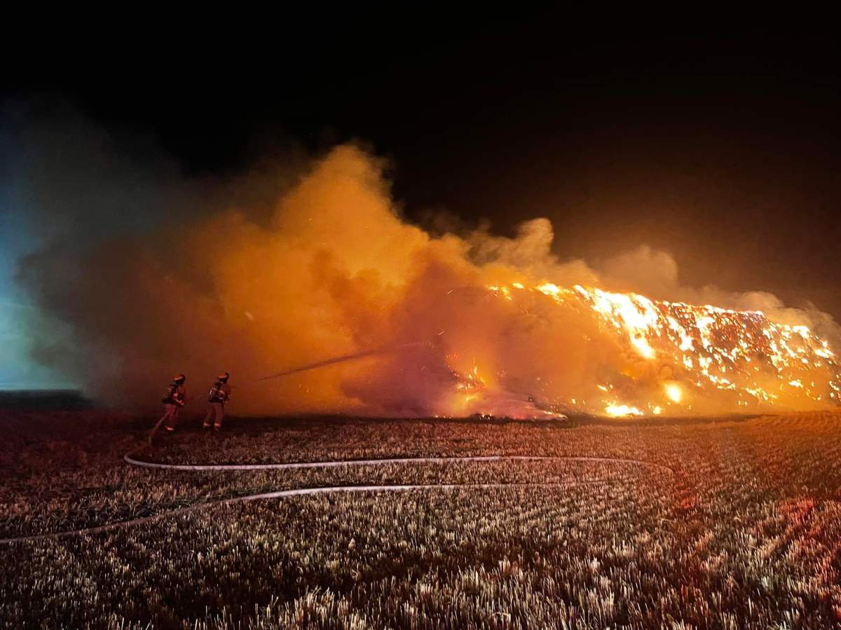 A haystack on fire in Lethbridge County.