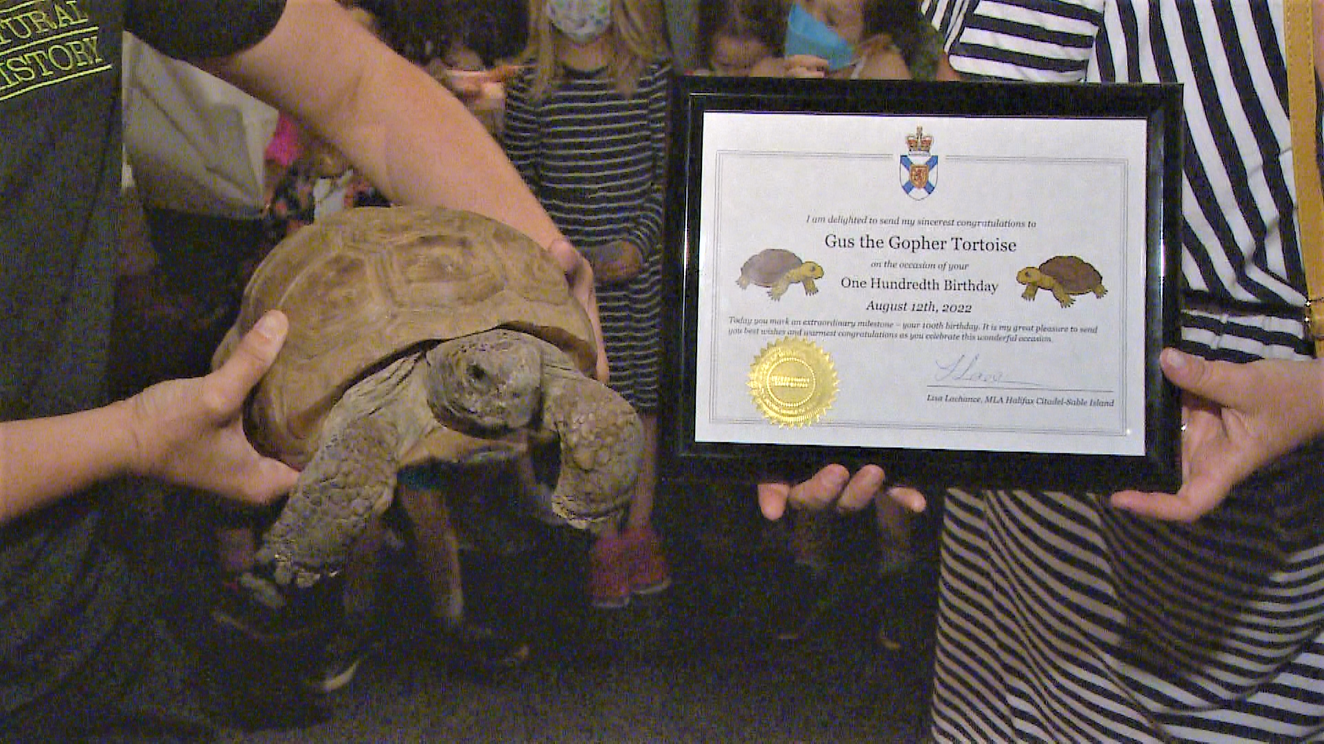 Gus posed with his ‘one hundredth birthday’ certificate.