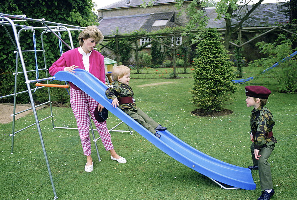Princess Diana At Highgrove with Prince William and Prince Harry dressed in miniature parachute regiment uniforms