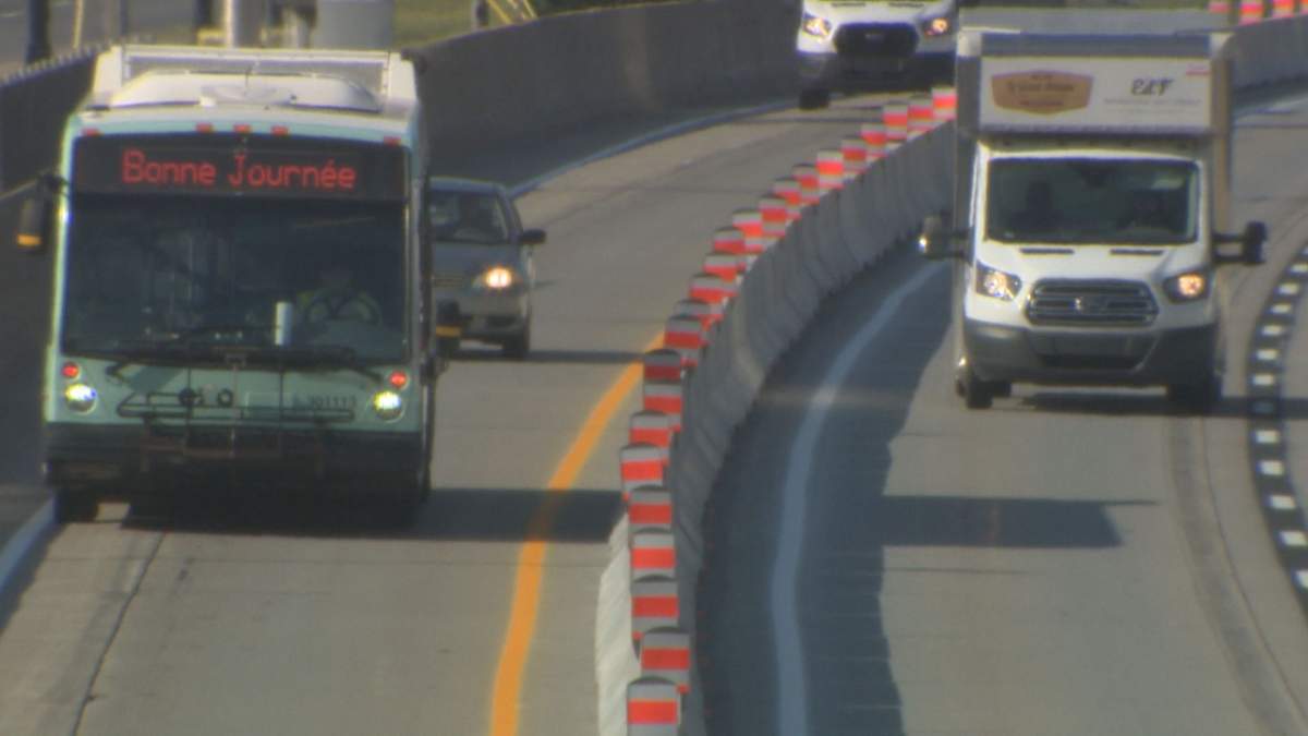 Concrete jerseys line Highway 132 eastbound in Longueuil, Que.