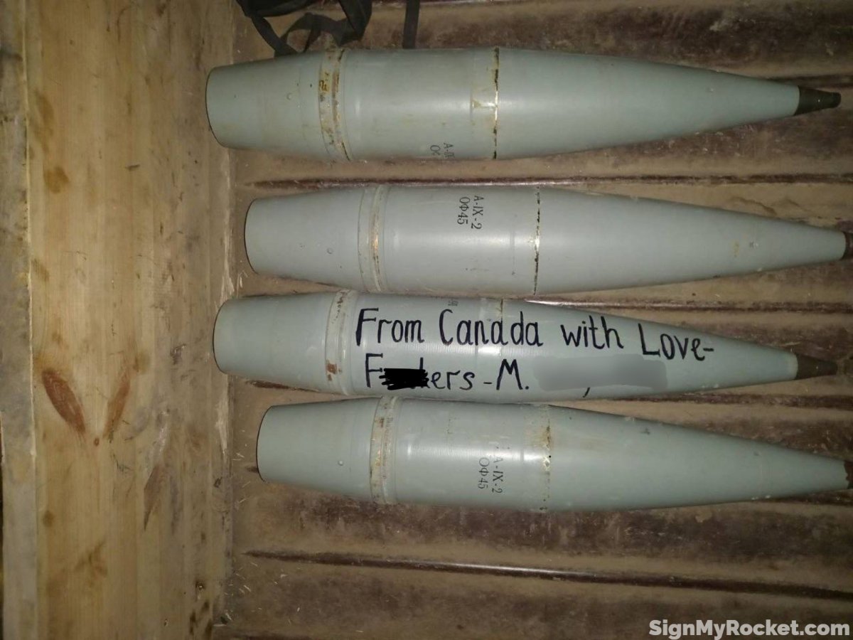 Ammunition inscribed with a message from Canadian donor.