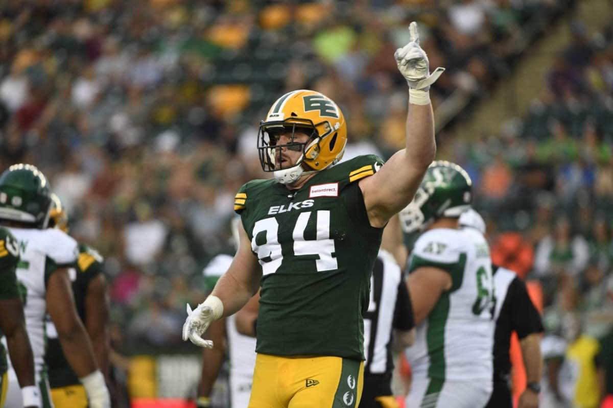 Elks defensive tackle Jake Ceresna celebrates a play
