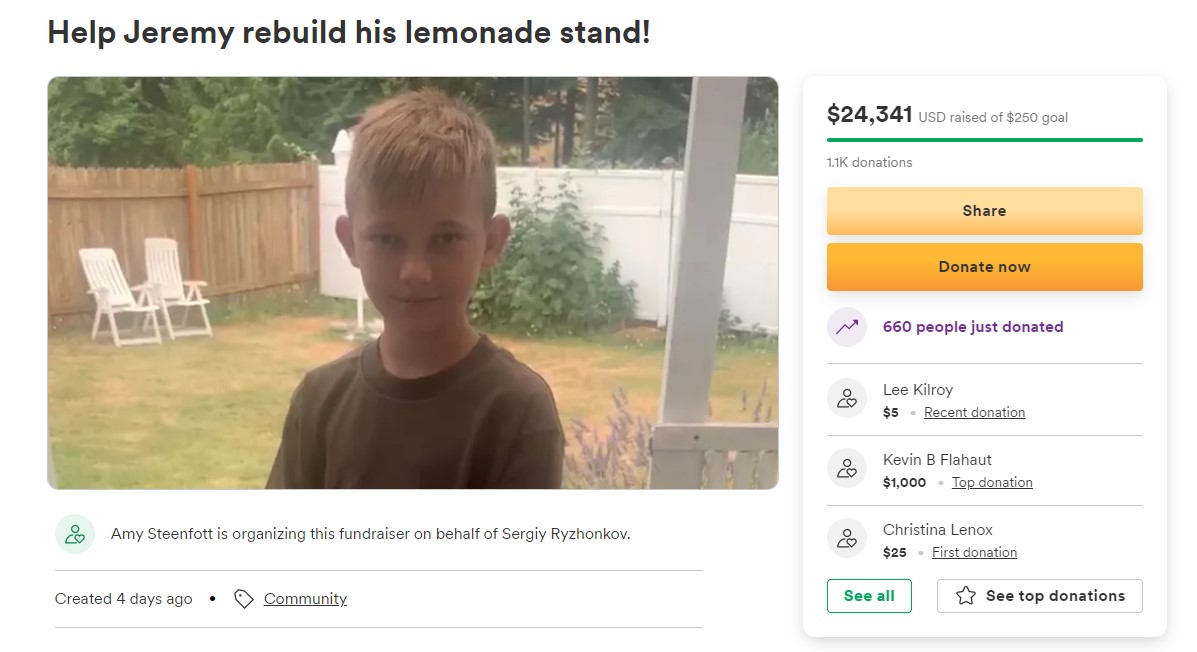 A screenshot from the GoFundMe page shows that 1,100 people have raised more than $24,000 for Jeremy.