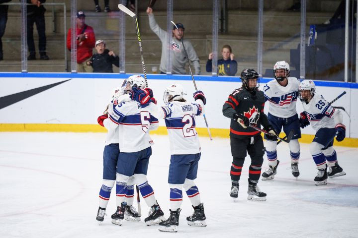 The players of USA celebrate after Megan Keller has reduced to 2-1 during The IIHF World Championship Woman’s ice hockey match between Canada and USA in Herning, Denmark, Tuesday, Aug 30, 2022.