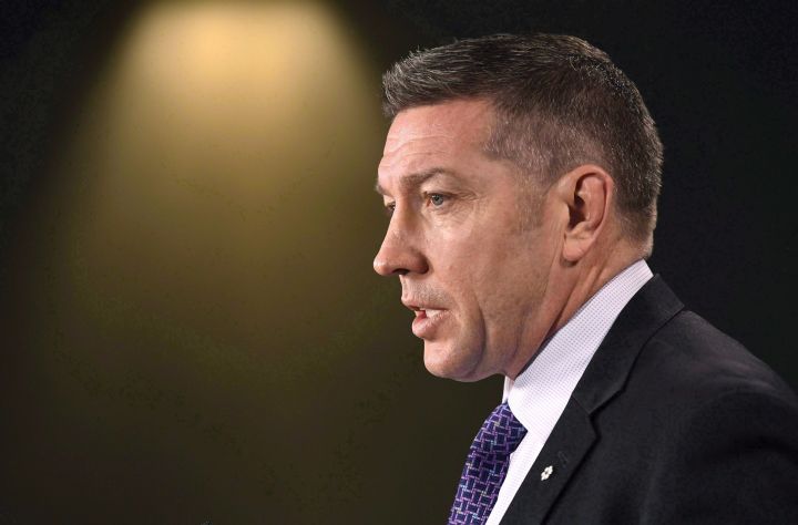 Former NHL player and child advocate Sheldon Kennedy speaks during a press conference on Parliament Hill in Ottawa, on the issue of child abuse and its impact on children in Canada, on February 5, 2018. 