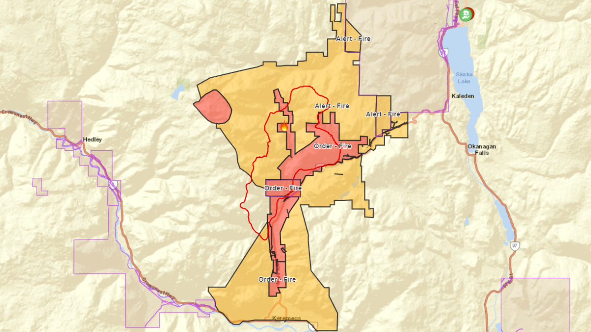 A map showing evacuation alerts in yellow and evacuation orders in red for the Keremeos Creek wildfire that’s burning around 21 kilometres southwest of Penticton.