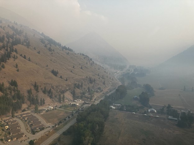 An aerial view of smoke-filled skies at Olalla, B.C., where the Keremeos Creek wildfire last week.