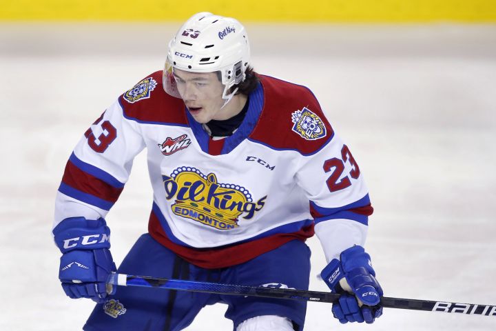 Profile photo on Edmonton Oil Kings player Jalen Luypen during WHL (Western Hockey League) hockey action against the Calgary Hitmen in Calgary, Alta., on March 5, 2022.