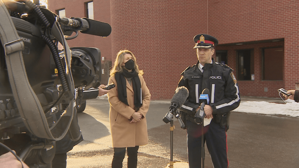 Fredericton Police Force Deputy Chief Martin Gaudet pictured here with Mayor Kate Rogers briefing reporters on a convoy protest in February 2022.