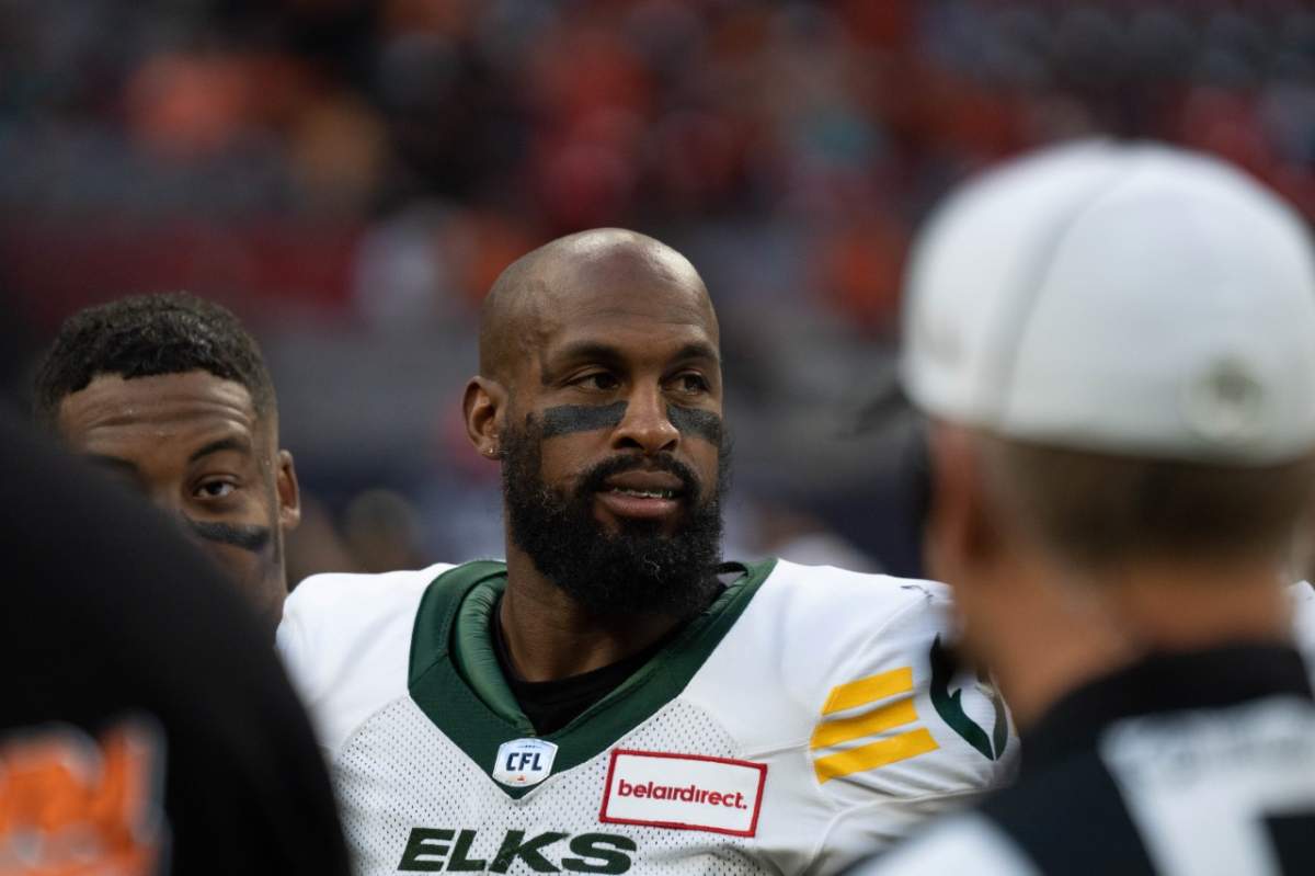 Elks receiver Manny Arceneaux looks focused on the Elks sidelines