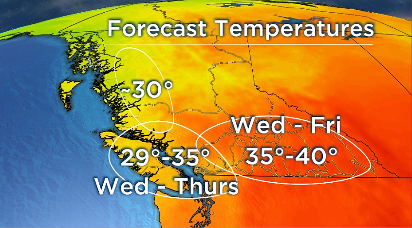 A map showing potential temperatures this week in B.C.