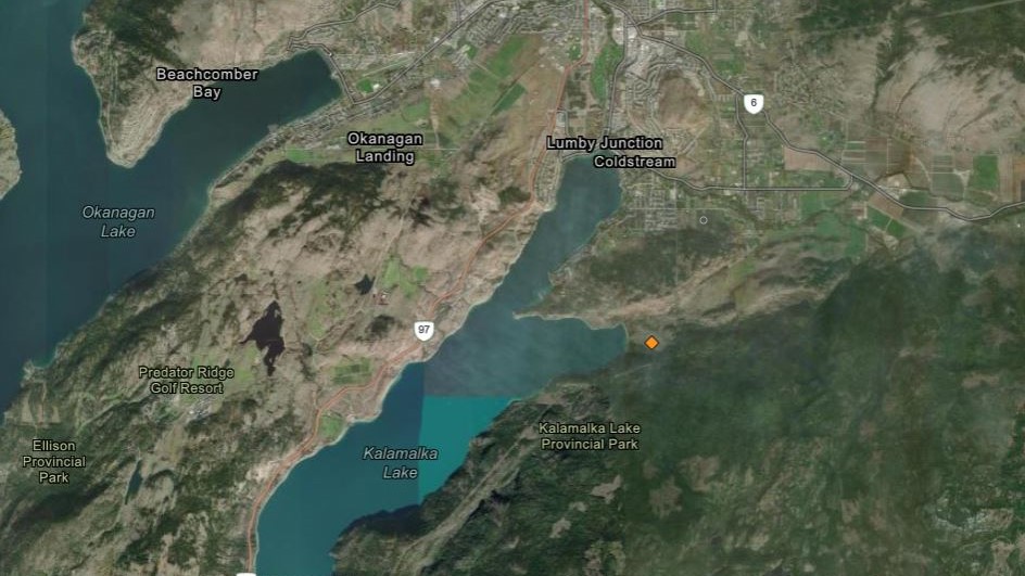 A map showing the location of the Cosens Creek wildfire that’s burning south of Vernon.