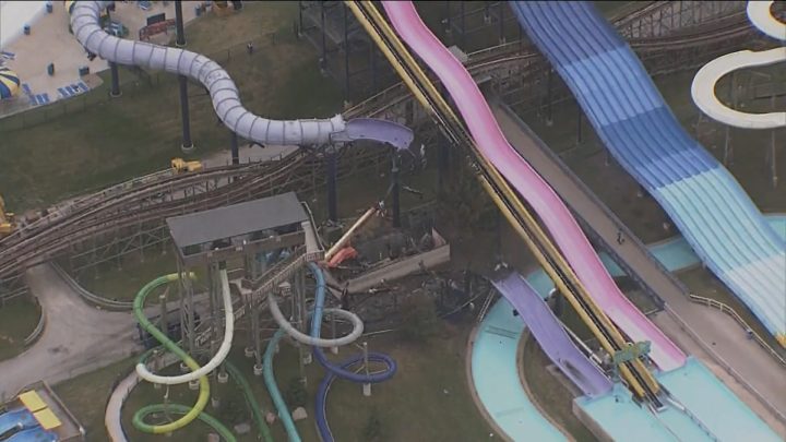 The aftermath of a weekend fire is seen at the Canada's Wonderland waterpark Tuesday morning.