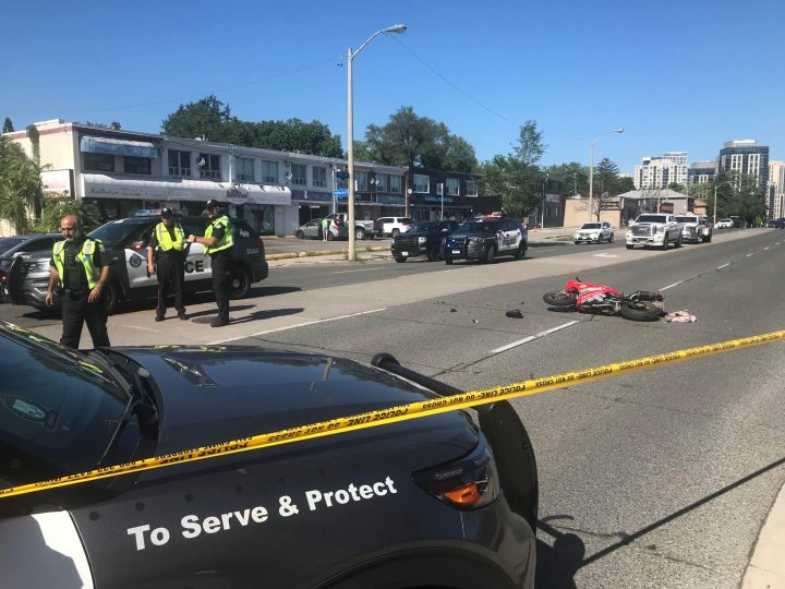 A motorbike rider was taken to hospital after a collision in the area of Bloor Street and Kipling Avenue.