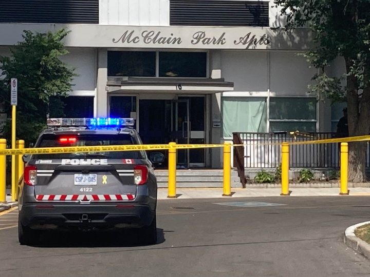 A police cruiser on the scene after someone was stabbed in the lobby of a Toronto building.
