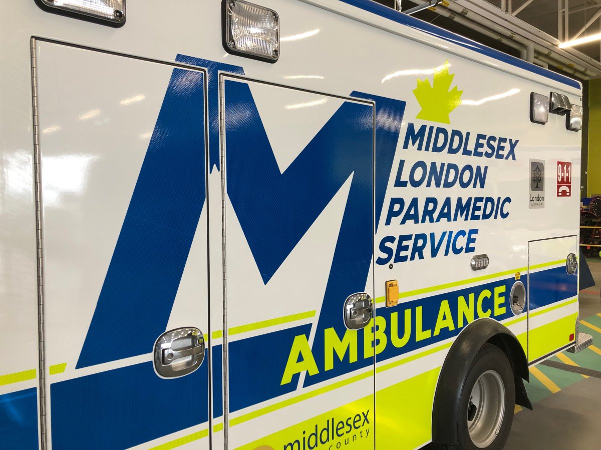 A Middlesex-London Paramedic Service ambulance sits parked inside the MLPS headquarters in south London, Ont.