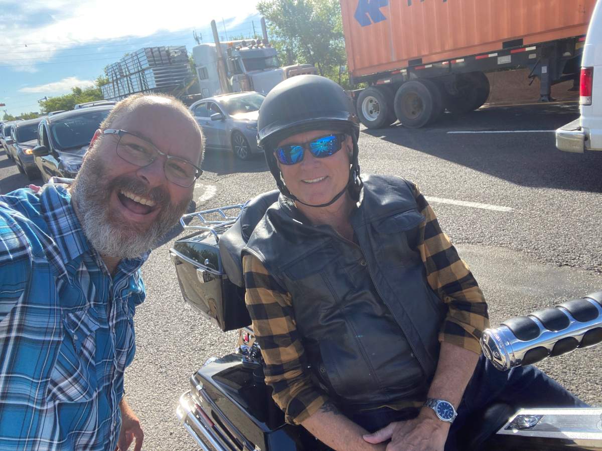 Global Edmonton anchor Gord Steinke with photographer Dave Carels on his last day with the station before retirement. Wednesday, Aug. 31, 2022.