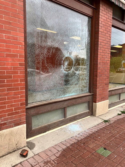 Windows at Hull Block in central Edmonton were broken sometime between Aug. 4 and Aug. 5, 2022.