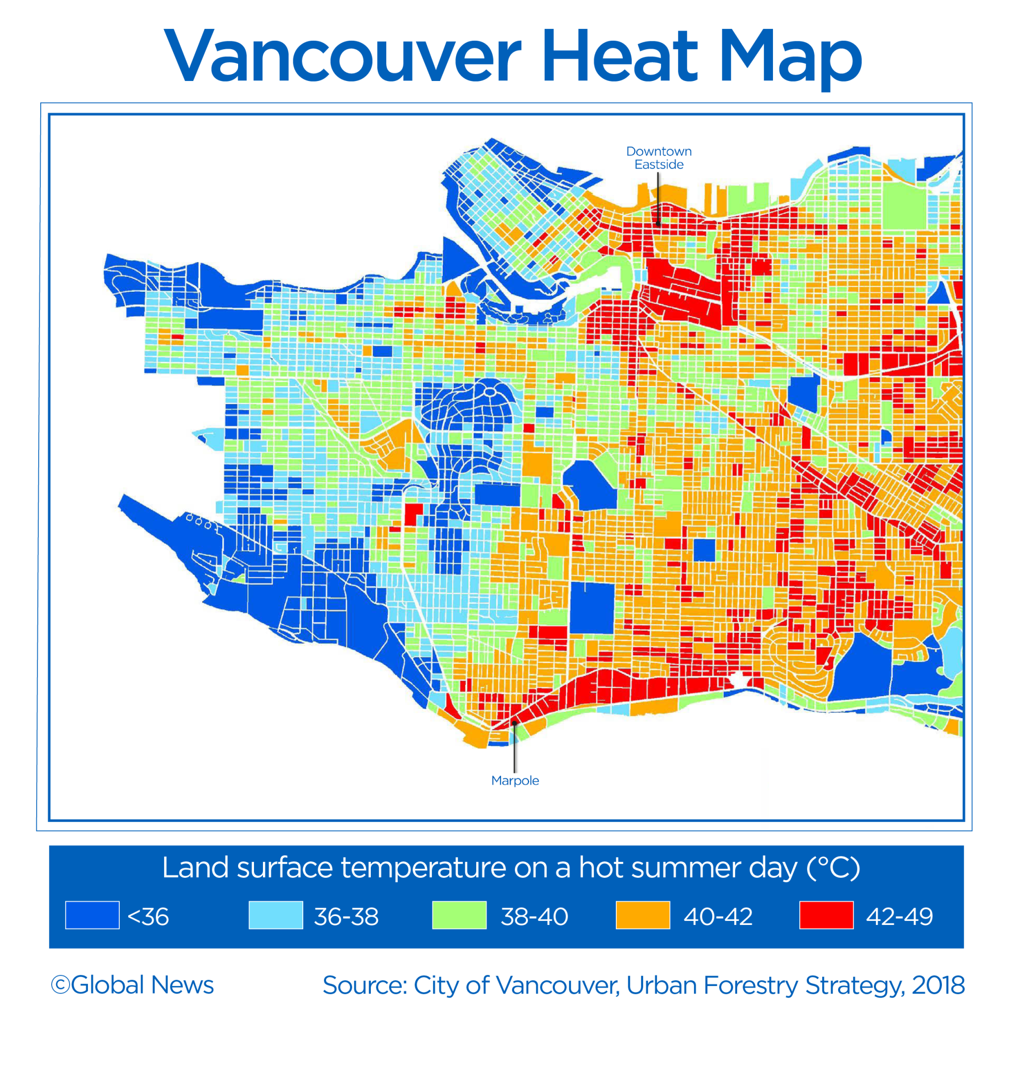 Heat Inequity: Map showing the difference in temperature on a hot day between Vancouver’s most tree-covered areas, and those areas that have less tree cover. Lower-income areas tend to be more exposed to the elements.