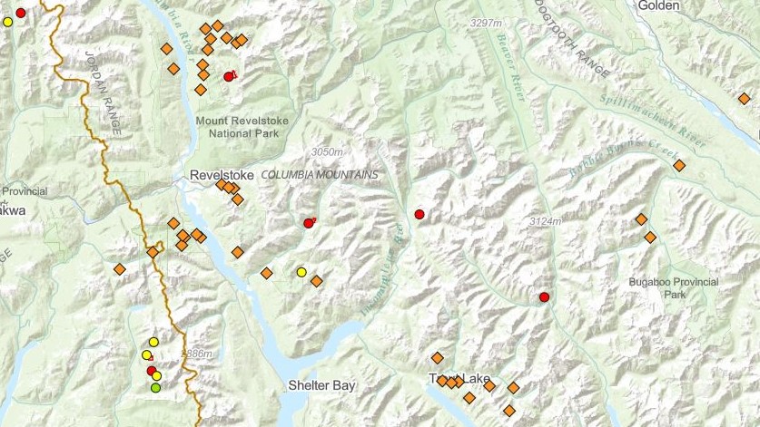 A map showing wildfires in and around the Revelstoke area in B.C.'s Interior.