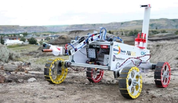 A rover navigates its way through terrain.