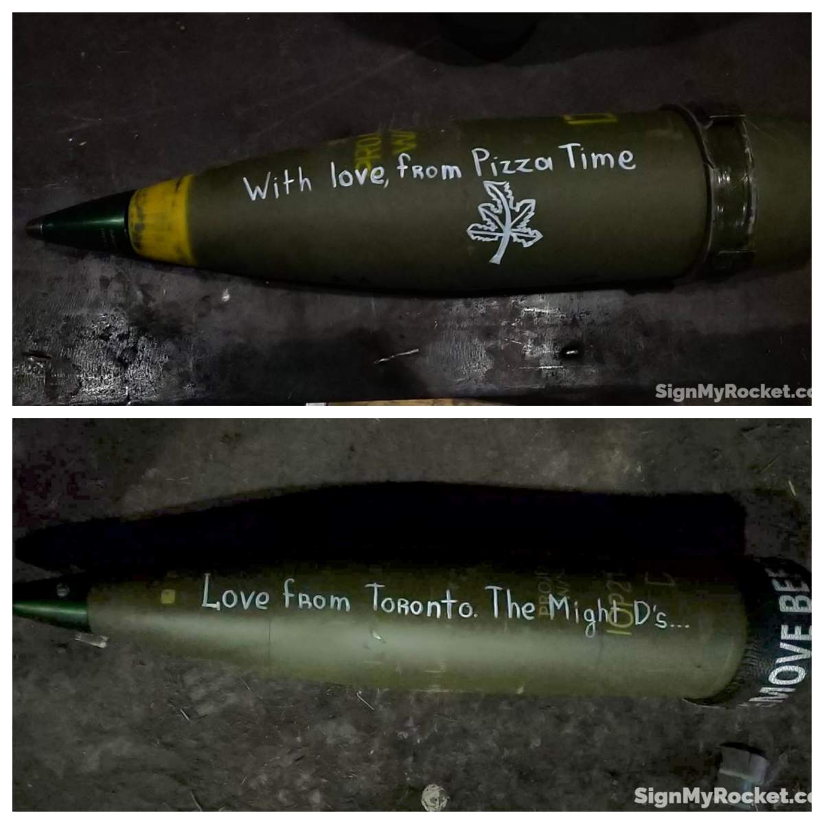 A maple leaf on a Ukrainian rocket, top, paid for by B.C. residents, and a message from Toronto.