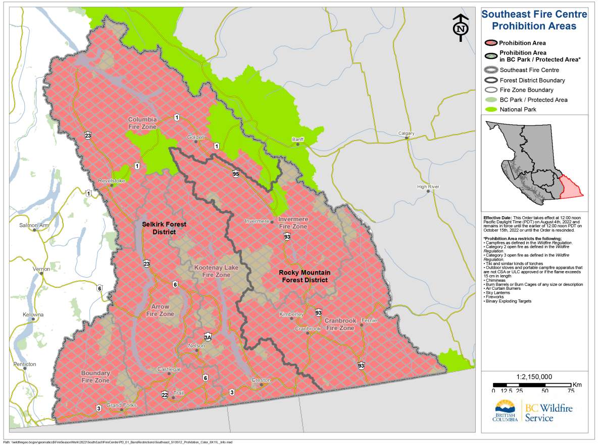 The Southeast Fire Centre in British Columbia. A campfire ban will take effect at noon on Thursday, Aug. 4, and will remain in effect until further notice.