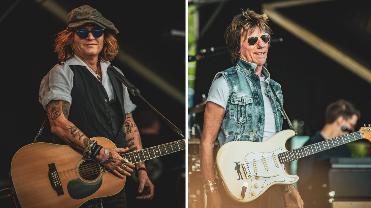 Johnny Depp performs on stage with Jeff Beck during the Helsinki Blues Festival at Kaisaniemen Puisto on June 19, 2022 in Helsinki, Finland.