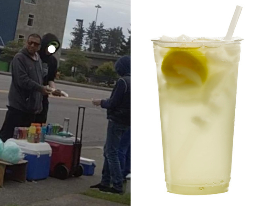 The suspected lemonade stand thief is pictured on the left in this photo shared by the Everett Police Department.